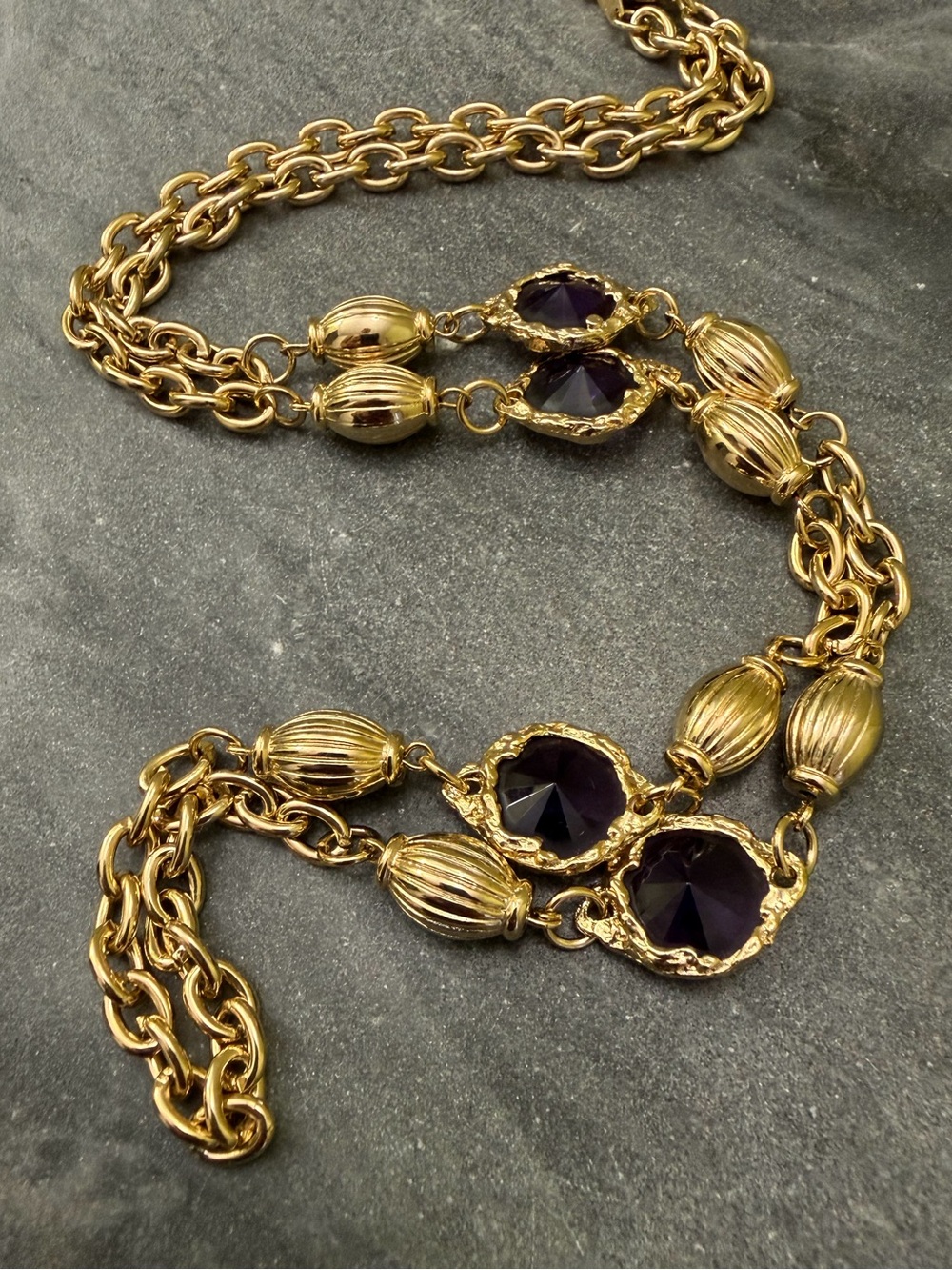 Vintage Purple Rivoli Bezel Glass Gold Tone Long Chain Necklace